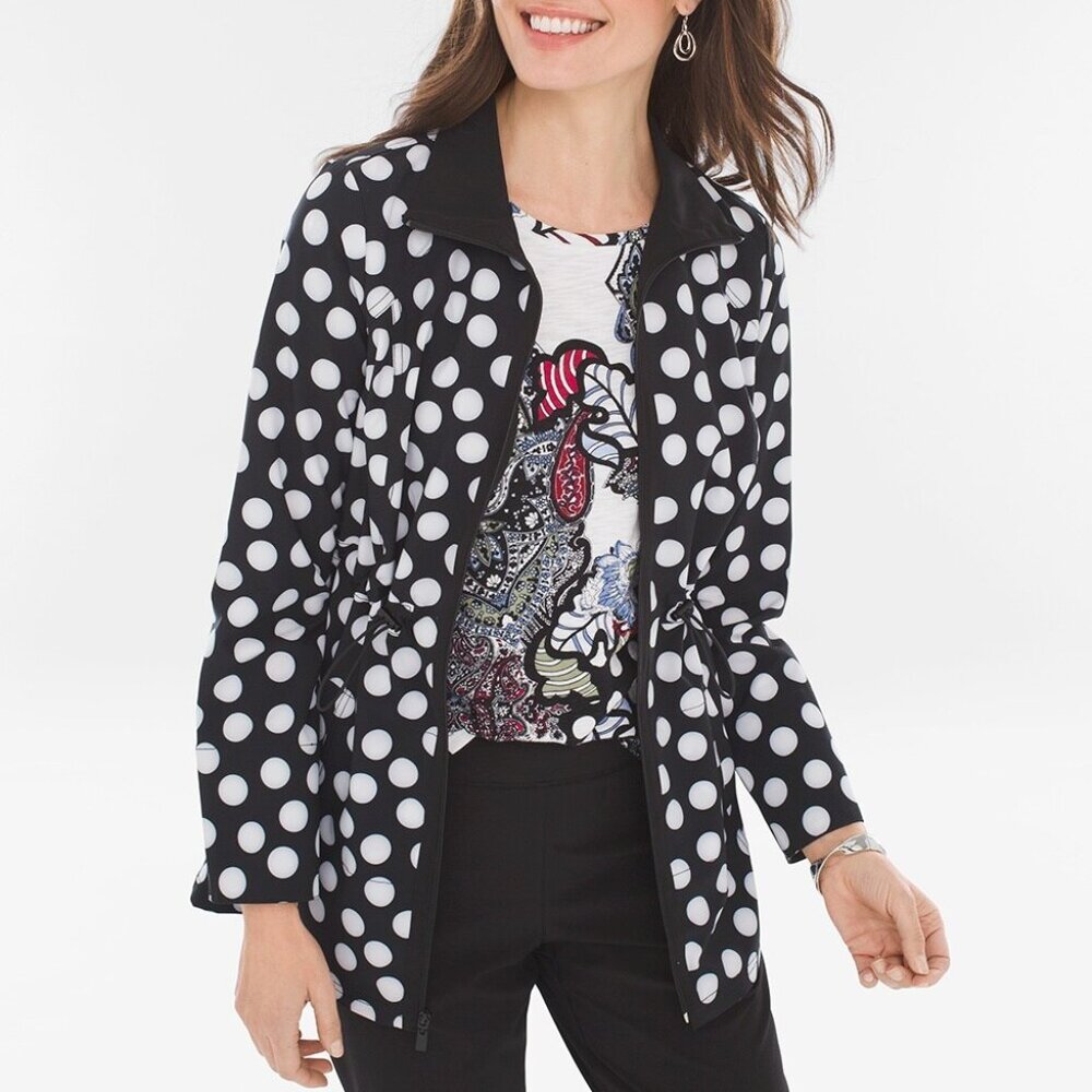 Chico's Zenergy Dot Anorak Jacket Size 3 Black White Polka Dot Cinch Waist NWT